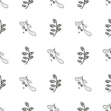 Elle çizilmiş yaprak desenli basit vektör çizimi. Elle çizilmiş dalların kusursuz deseni. Büyük bir çiçek botanik seti. Beyaz arkaplanda izole