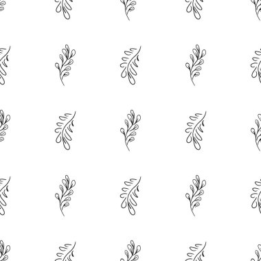 Elle çizilmiş yaprak desenli basit vektör çizimi. Elle çizilmiş dalların kusursuz deseni. Büyük bir çiçek botanik seti. Beyaz arkaplanda izole