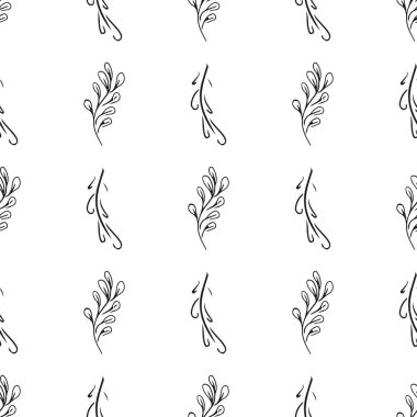 Elle çizilmiş yaprak desenli basit vektör çizimi. Elle çizilmiş dalların kusursuz deseni. Büyük bir çiçek botanik seti. Beyaz arkaplanda izole