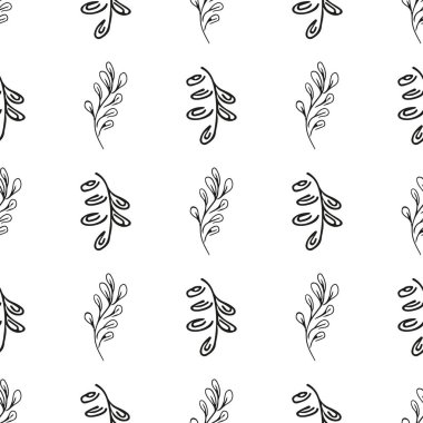 Elle çizilmiş yaprak desenli basit vektör çizimi. Elle çizilmiş dalların kusursuz deseni. Büyük bir çiçek botanik seti. Beyaz arkaplanda izole
