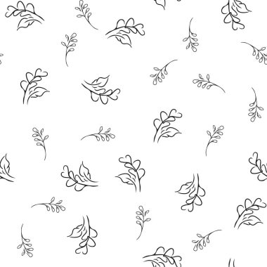 Elle çizilmiş yaprak desenli basit vektör çizimi. Elle çizilmiş dalların kusursuz deseni. Büyük bir çiçek botanik seti. Beyaz arkaplanda izole