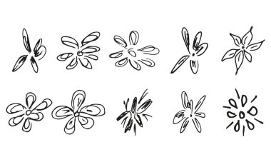 Elle çizilmiş 10 kır çiçeği. Elle çizilmiş 10 gülden oluşan büyük bir koleksiyon. Büyük bir çiçek botanik seti. Beyaz arka planda izole edilmiş. Basit vektör koleksiyonunu karala