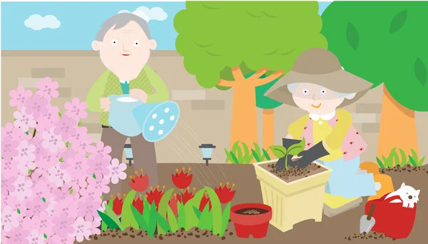 Os avós estão a jardinar — Vetor de Stock