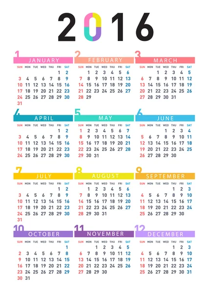 2016 kleurrijke kalender — Stockvector