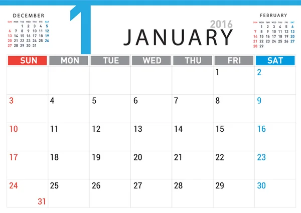 Ημερολόγιο προγραμματισμού Ιανουαρίου 2016 — Διανυσματικό Αρχείο