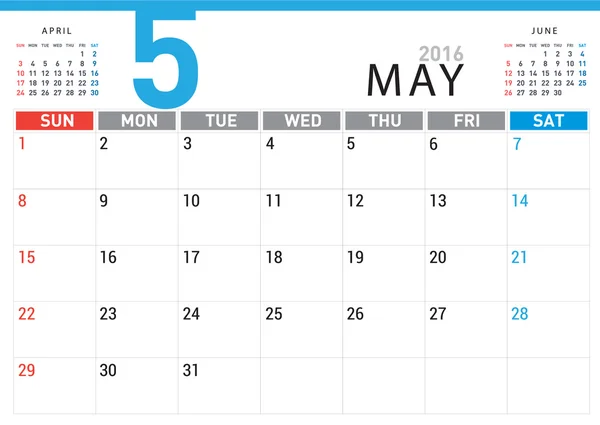 Kalendarz planowania maja 2016 — Wektor stockowy