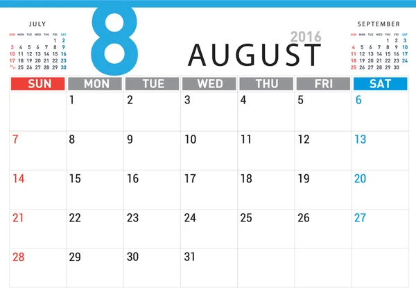 Kalender van augustus 2016 plan — Stockvector