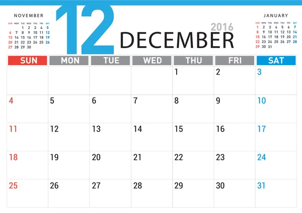 Calendário de planejamento dezembro 2016 — Vetor de Stock