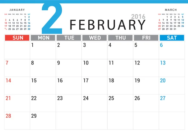 Planlama takvim Şubat 2016 Vektör Grafikler