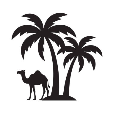 İki palmiye ağacı siluet vektörünün altındaki deve
