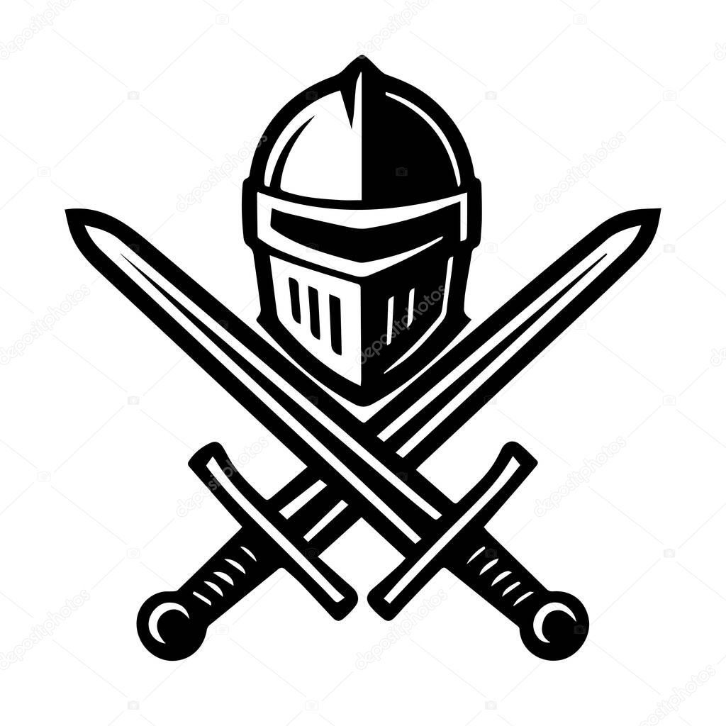 A clean black-and-white vector emblem featuring a medieval knight iron helmet with two crossed swords beneath it. Designed in bold, sharp lines for strong visibility and easy scaling, this illustration is perfect for logos, badges, sports teams, gami