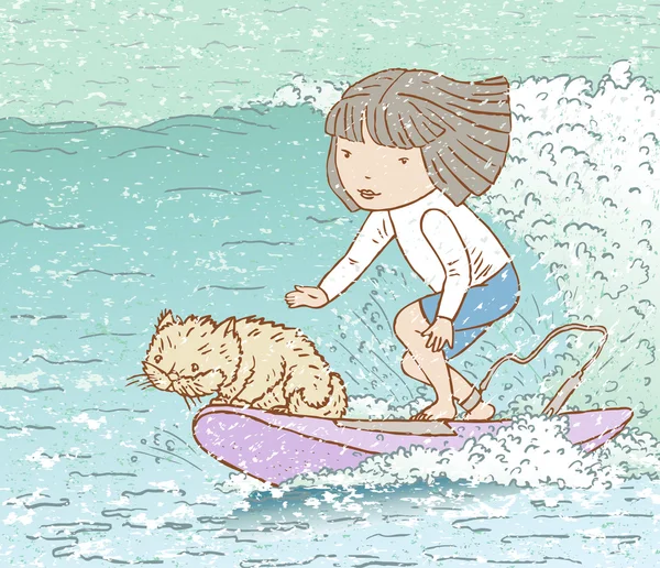 Litle menina e gato na prancha de surf — Vetor de Stock