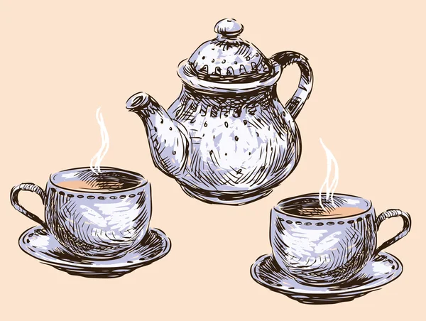 Tazas de té y tetera — Vector de stock