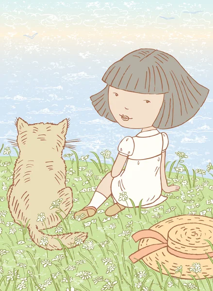 Meisje en kat op de zee-soast — Stockvector