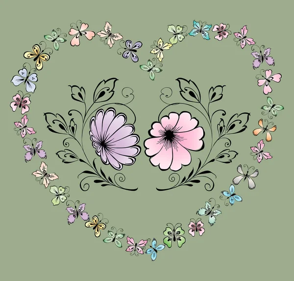 Flores decorativas y mariposas — Vector de stock