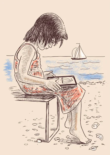 在海边的小女孩 — 图库矢量图片
