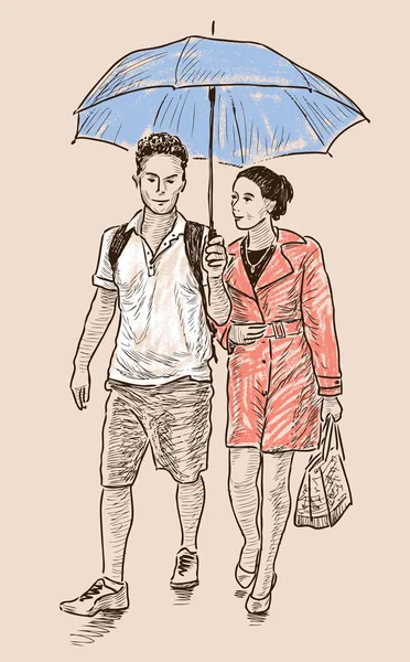 Jeune couple sous parapluie — Image vectorielle