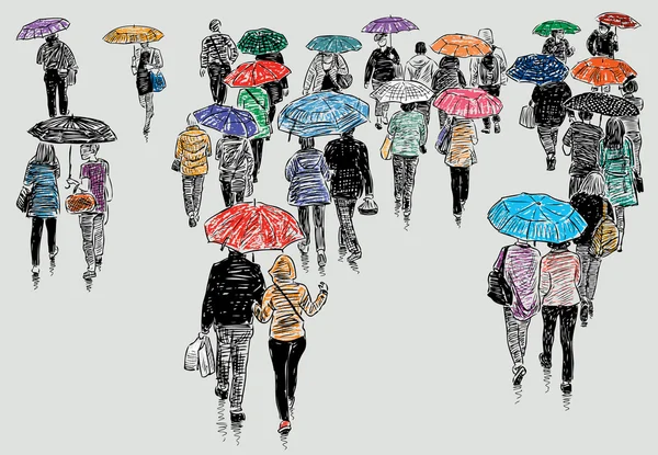 Gente del pueblo bajo la lluvia — Vector de stock