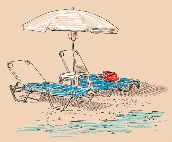 Пляжна парасолька і сонячні ліжка на березі моря — стоковий вектор