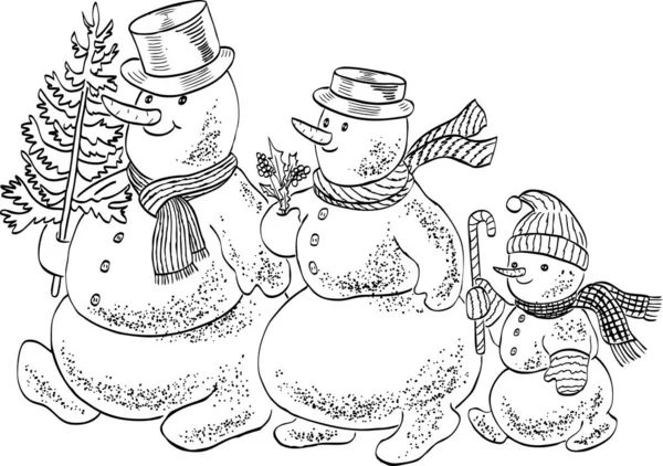 Obrys Kresba Rodiny Veselý Sněhuláci Chůze Vánoční Strom Spolu — Stockový vektor