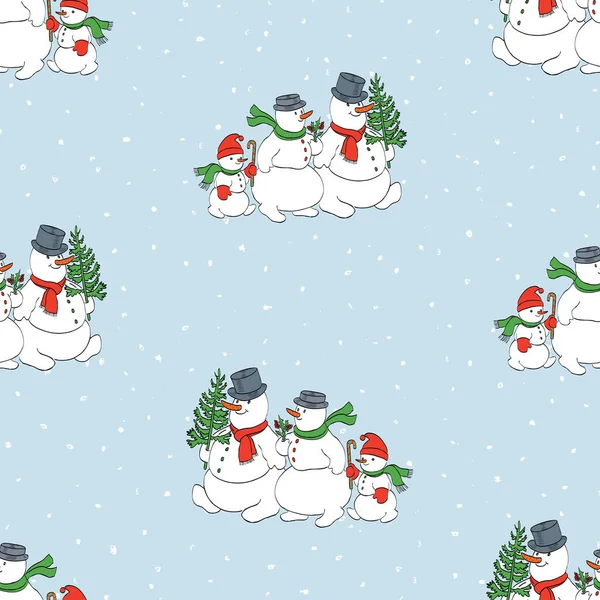 Безшовний Візерунок Сім Веселих Сніговиків Ходять Різдво — стоковий вектор
