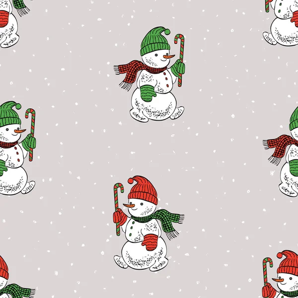 Бесшовный Узор Маленькими Веселыми Рождественскими Снеговиками — стоковый вектор