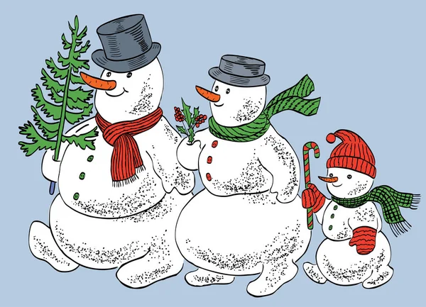 Vector Illustration Family Happy Snowmen Walking Together Christmas — Stock Vector