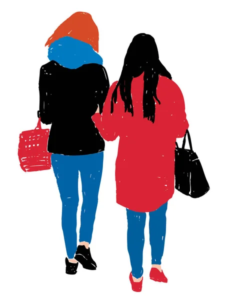 Imagem Vetorial Silhuetas Coloridas Duas Meninas Cidade Andando Juntas —  Vetores de Stock