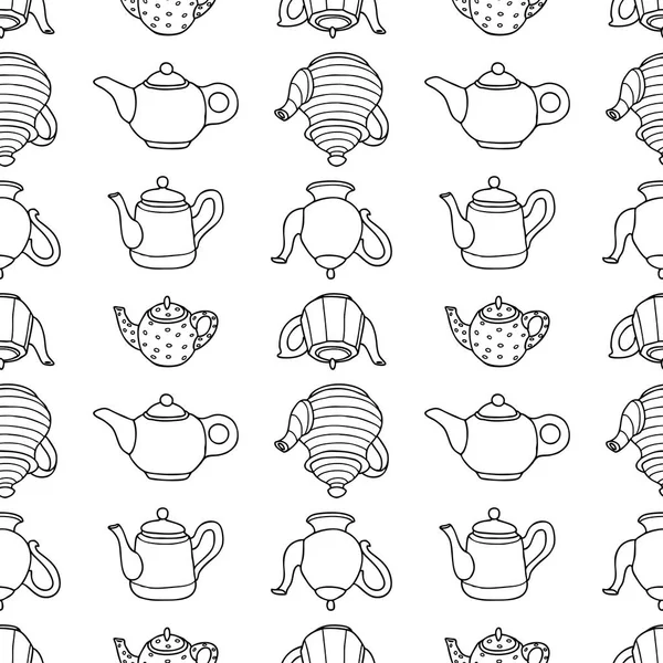 Seamless Pattern Outlines Various Ceramics Teapots — Stock Vector