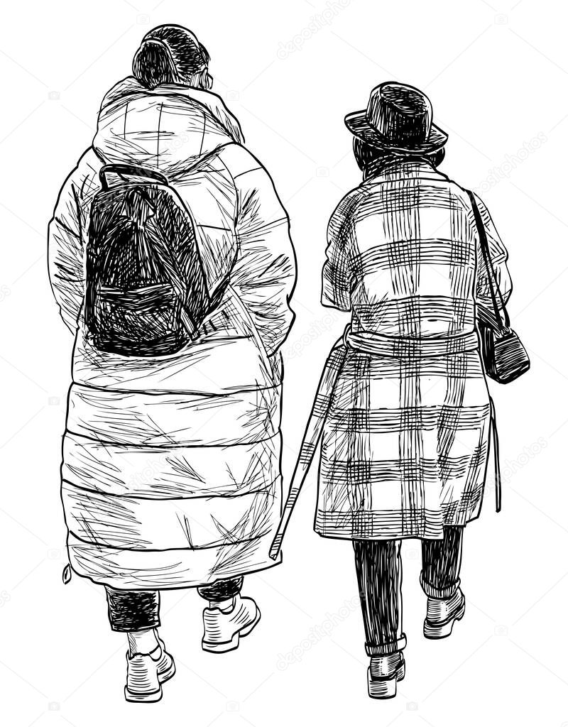 Freehand drawing of two townswomen walking outdoors