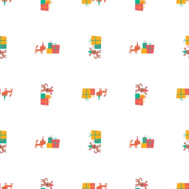 Çizgi filmlerdeki kusursuz arka plan. Hediye kutuları olan komik köpekler ve kediler.