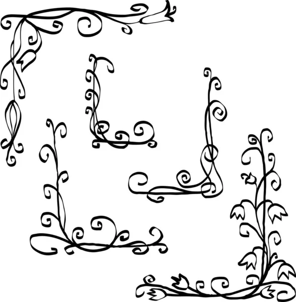 Sada Dekorativních Kreslených Rohů Květinami Víry — Stockový vektor