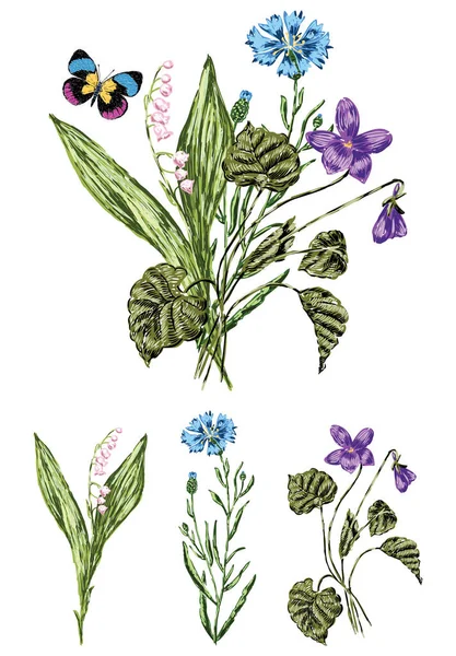 Imagem Vetorial Buquê Desenhado Flores Silvestres Com Borboleta —  Vetores de Stock