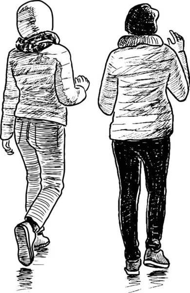 Freihändige Zeichnung Von Zwei Schulmädchen Die Zusammen Spazieren Gehen — Stockvektor