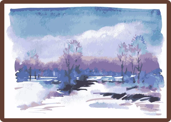 Vector Watercolor Illustration Winter Landscape Picture Frame — Stock Vector