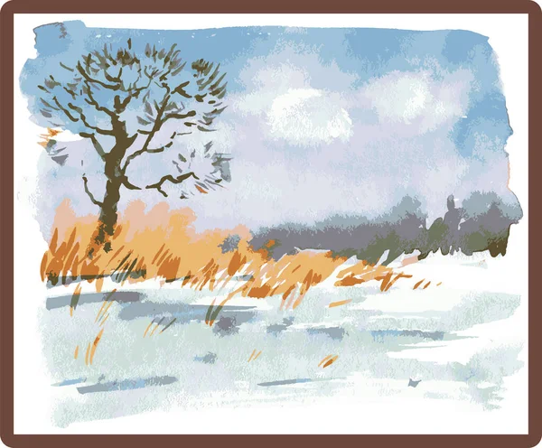 フレーム内の冬の風景のベクトル水彩画像 — ストックベクタ