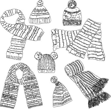 Soğuk mevsim için çeşitli ana hatlar örülmüş eşarp ve şapkalar.