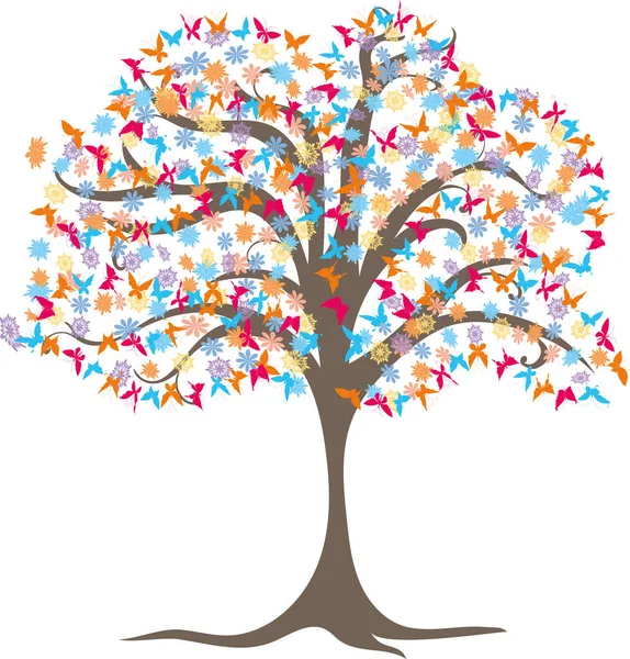 Rysunek Wektorowy Kwitnącego Drzewa Kwiatami Motylami — Wektor stockowy