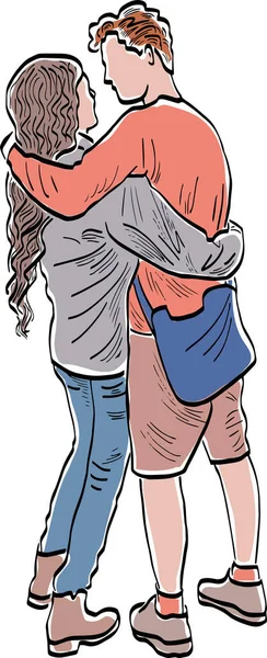 Dessin Vectoriel Couple Jeunes Aimants Embrassant — Image vectorielle