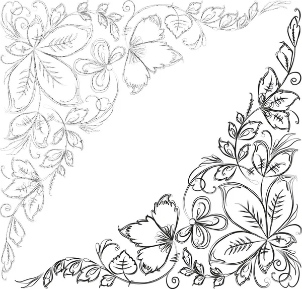 Outline Vector Drawings Decorative Floral Corners Fantasy Leaves Tendrils Flowers — Stock Vector