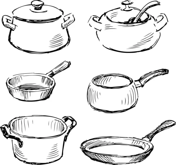 Croquis Ensemble Des Divers Ustensiles Cuisine — Image vectorielle