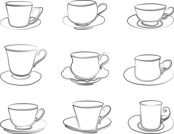 Dibujos Del Contorno Vectorial Varias Tazas Con Platillo Con Platillos — Vector de stock