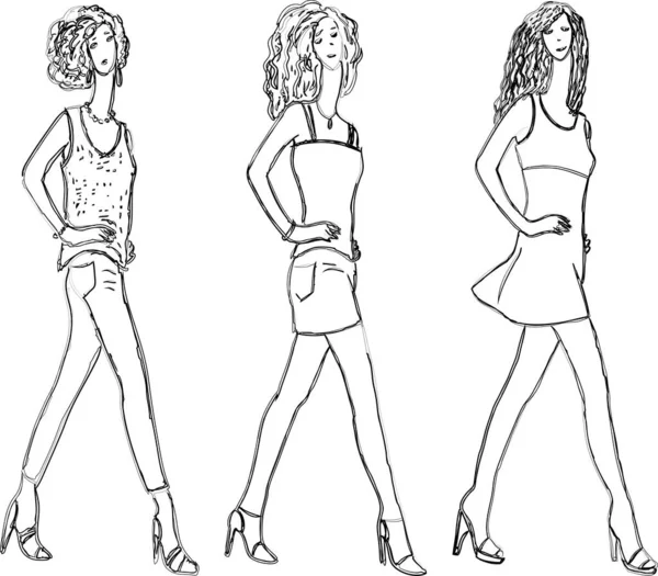 Dibujos Contorno Vectorial Caminar Jóvenes Mujeres Delgadas Modernas Moda — Vector de stock