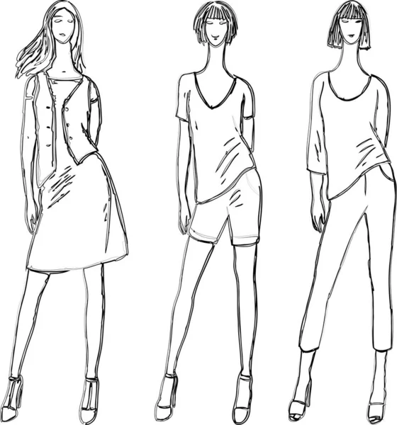 Dessins Vectoriels Contour Jeunes Femmes Mode Modernes Minces — Image vectorielle