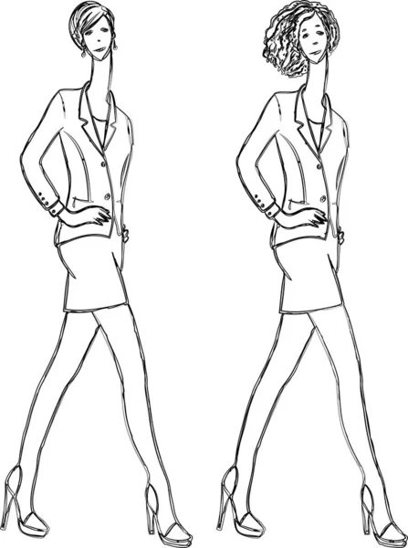Vector Contour Drawings Young Walking Slim Women Business Suits — Stock Vector