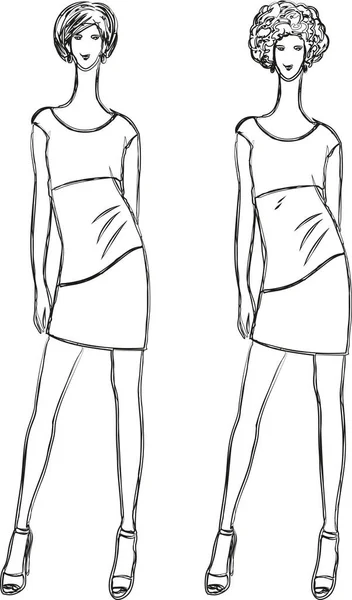 Dibujos Del Esquema Vectorial Mujeres Jóvenes Delgadas Vestidos Verano — Vector de stock