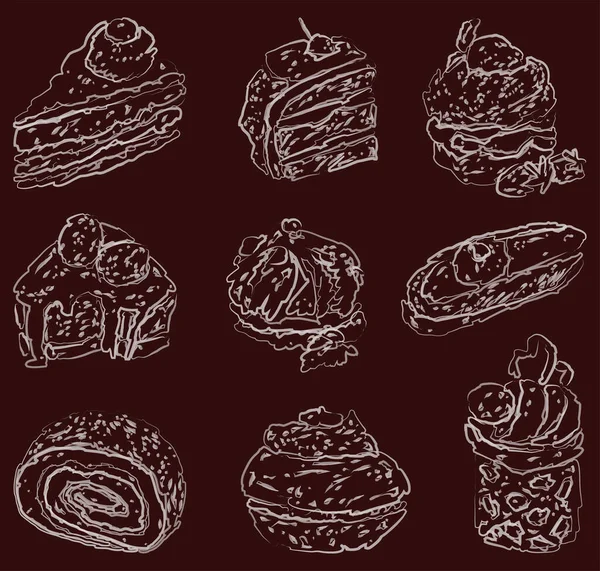 各种美味布朗尼的矢量水彩刷草图 — 图库矢量图片