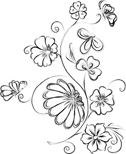 Контурный Векторный Рисунок Декоративной Фантазии Цветущей Веточки Бабочками — стоковый вектор