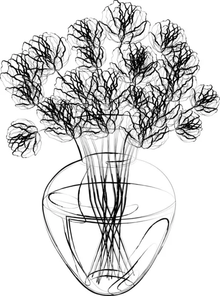 Konturvektorzeichnung Von Strauß Wildblumen Glasvase — Stockvektor