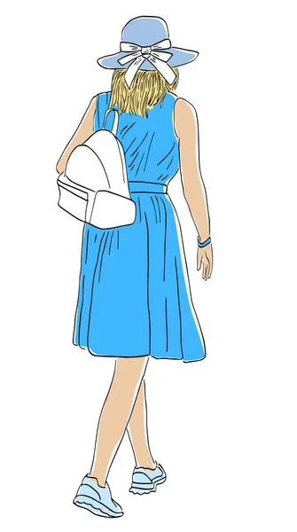 Skizze Einer Lässigen Jungen Stadtfrau Blauem Kleid Mit Hut Und — Stockvektor